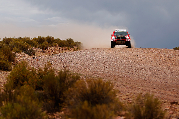 LA QUIACA, ARGENTINA - JANUARY 09:  Yazeed Alrajhi of Saudi Arabia and Timo Gottschalk of Germany in the TOYOTA HILUX for TOYOTA GAZOO RACING SOUTH AFRICA competes on day 7 stage seven from Uyuni in Bolivia to Salta in Argentina during the 2016 Dakar Rally on January 9, 2016 in near La Quiaca, Argentina.  (Photo by Dean Mouhtaropoulos/Getty Images)